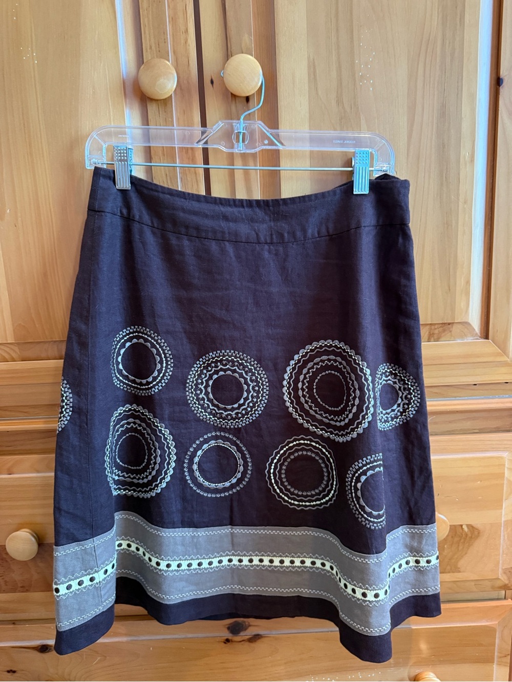 Women's Brown Embroidered Linen A-Line Skirt